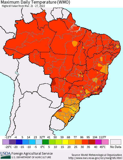Brazil Maximum Daily Temperature (WMO) Thematic Map For 3/21/2022 - 3/27/2022