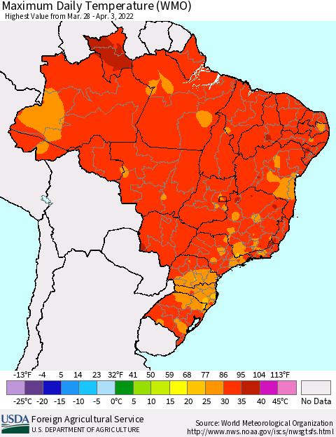 Brazil Maximum Daily Temperature (WMO) Thematic Map For 3/28/2022 - 4/3/2022