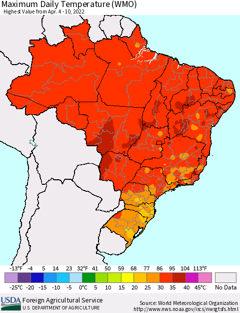 Brazil Maximum Daily Temperature (WMO) Thematic Map For 4/4/2022 - 4/10/2022