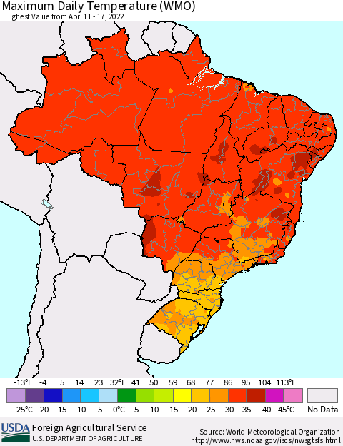 Brazil Maximum Daily Temperature (WMO) Thematic Map For 4/11/2022 - 4/17/2022