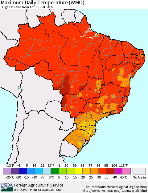 Brazil Maximum Daily Temperature (WMO) Thematic Map For 4/18/2022 - 4/24/2022