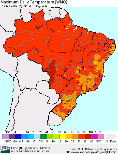 Brazil Maximum Daily Temperature (WMO) Thematic Map For 4/25/2022 - 5/1/2022