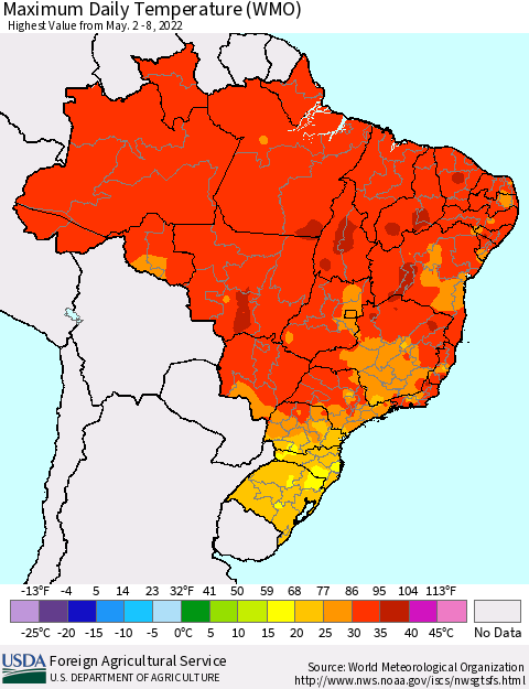 Brazil Maximum Daily Temperature (WMO) Thematic Map For 5/2/2022 - 5/8/2022