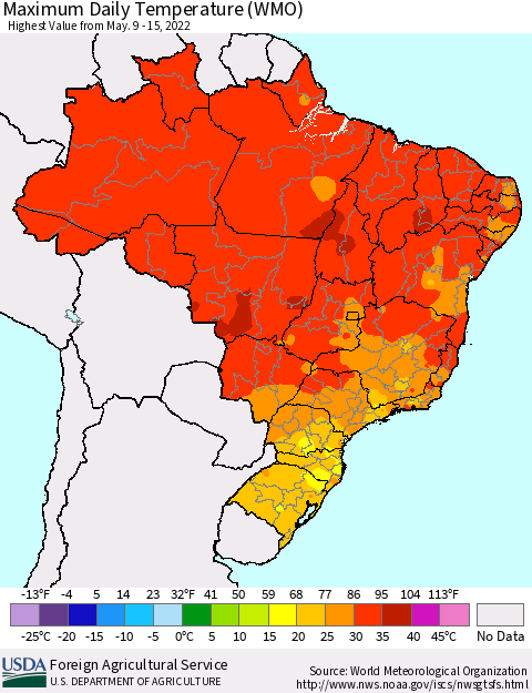 Brazil Maximum Daily Temperature (WMO) Thematic Map For 5/9/2022 - 5/15/2022