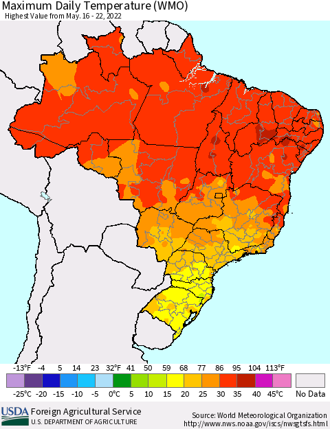 Brazil Maximum Daily Temperature (WMO) Thematic Map For 5/16/2022 - 5/22/2022