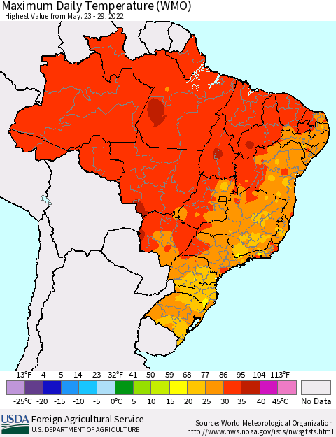 Brazil Maximum Daily Temperature (WMO) Thematic Map For 5/23/2022 - 5/29/2022