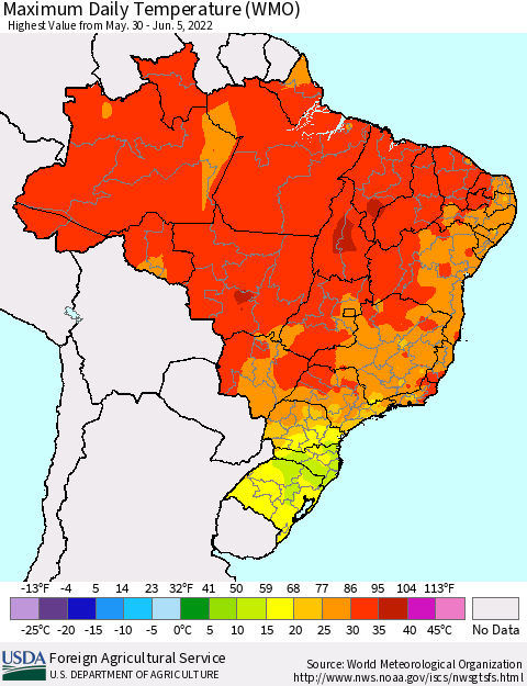Brazil Maximum Daily Temperature (WMO) Thematic Map For 5/30/2022 - 6/5/2022