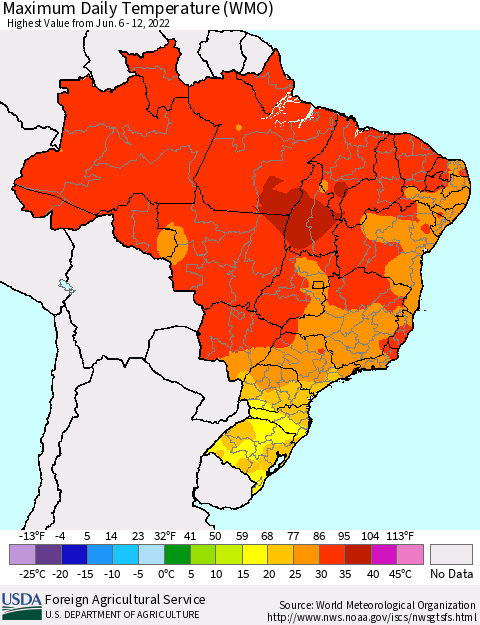 Brazil Maximum Daily Temperature (WMO) Thematic Map For 6/6/2022 - 6/12/2022