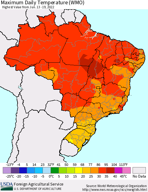 Brazil Maximum Daily Temperature (WMO) Thematic Map For 6/13/2022 - 6/19/2022