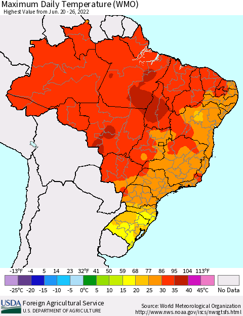 Brazil Maximum Daily Temperature (WMO) Thematic Map For 6/20/2022 - 6/26/2022