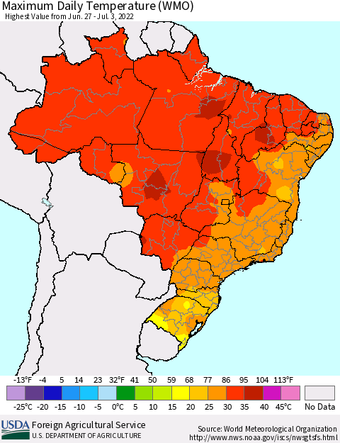 Brazil Maximum Daily Temperature (WMO) Thematic Map For 6/27/2022 - 7/3/2022