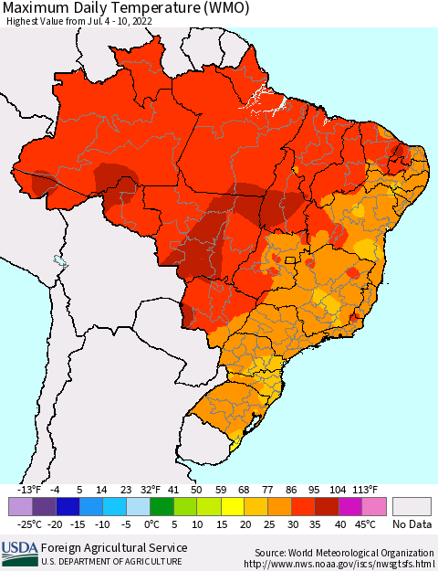 Brazil Maximum Daily Temperature (WMO) Thematic Map For 7/4/2022 - 7/10/2022