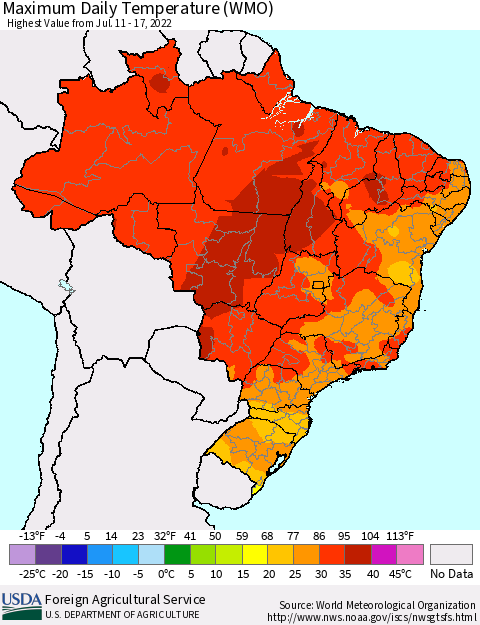 Brazil Maximum Daily Temperature (WMO) Thematic Map For 7/11/2022 - 7/17/2022