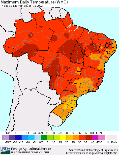 Brazil Maximum Daily Temperature (WMO) Thematic Map For 7/25/2022 - 7/31/2022