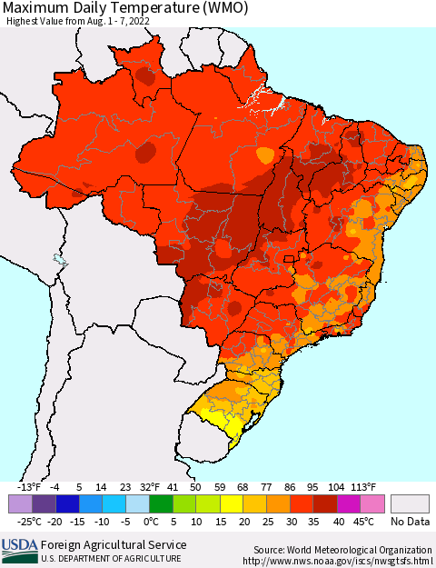 Brazil Maximum Daily Temperature (WMO) Thematic Map For 8/1/2022 - 8/7/2022