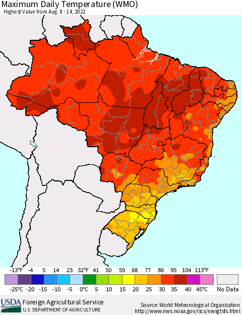 Brazil Maximum Daily Temperature (WMO) Thematic Map For 8/8/2022 - 8/14/2022