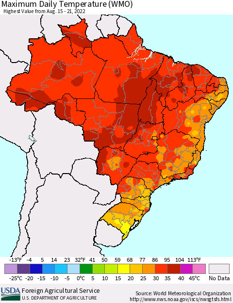 Brazil Maximum Daily Temperature (WMO) Thematic Map For 8/15/2022 - 8/21/2022