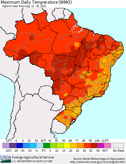 Brazil Maximum Daily Temperature (WMO) Thematic Map For 8/22/2022 - 8/28/2022