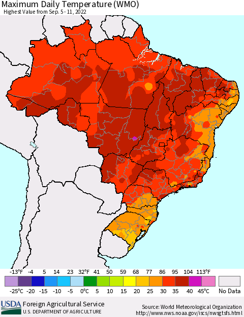 Brazil Maximum Daily Temperature (WMO) Thematic Map For 9/5/2022 - 9/11/2022