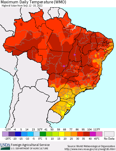 Brazil Maximum Daily Temperature (WMO) Thematic Map For 9/12/2022 - 9/18/2022