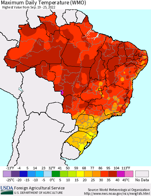 Brazil Maximum Daily Temperature (WMO) Thematic Map For 9/19/2022 - 9/25/2022