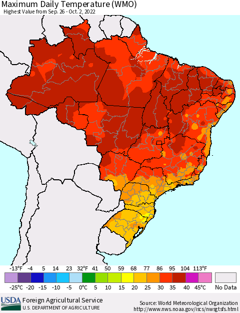 Brazil Maximum Daily Temperature (WMO) Thematic Map For 9/26/2022 - 10/2/2022