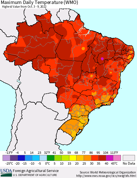 Brazil Maximum Daily Temperature (WMO) Thematic Map For 10/3/2022 - 10/9/2022