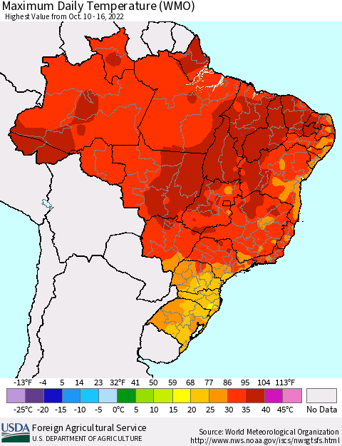 Brazil Maximum Daily Temperature (WMO) Thematic Map For 10/10/2022 - 10/16/2022
