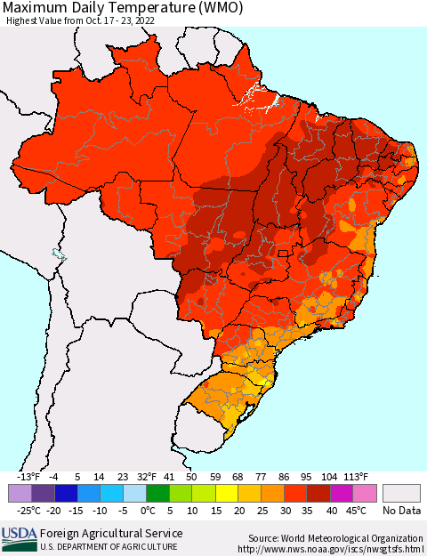 Brazil Maximum Daily Temperature (WMO) Thematic Map For 10/17/2022 - 10/23/2022