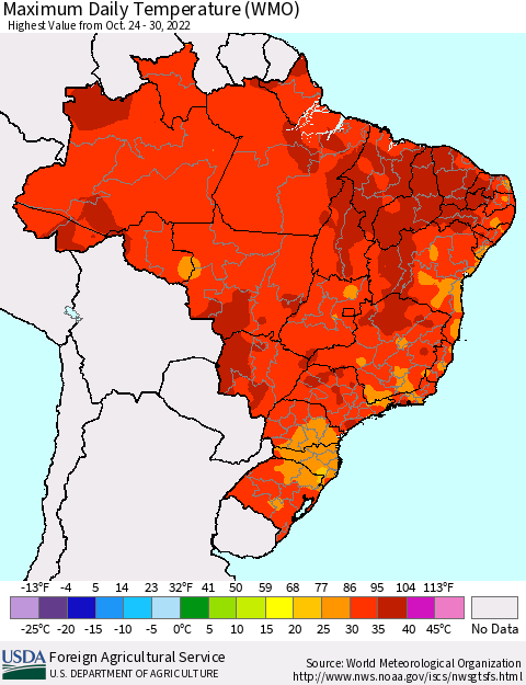 Brazil Maximum Daily Temperature (WMO) Thematic Map For 10/24/2022 - 10/30/2022