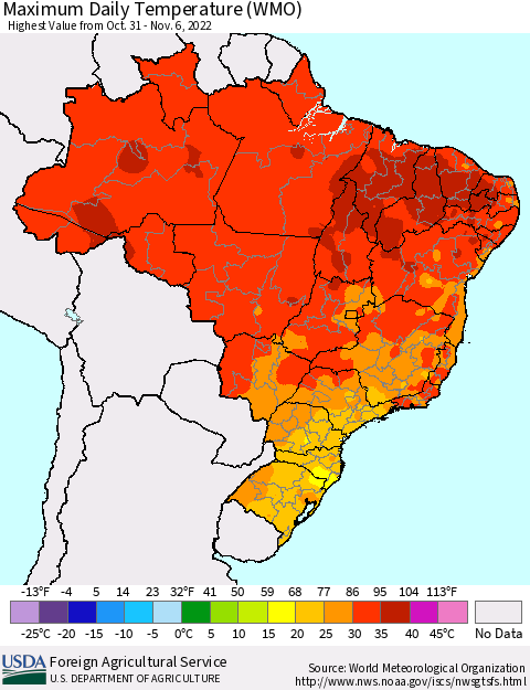 Brazil Maximum Daily Temperature (WMO) Thematic Map For 10/31/2022 - 11/6/2022