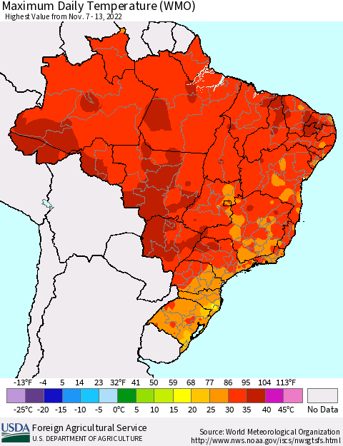 Brazil Maximum Daily Temperature (WMO) Thematic Map For 11/7/2022 - 11/13/2022
