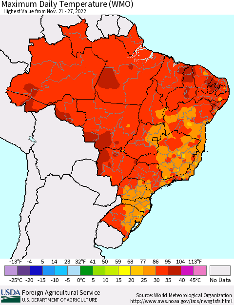 Brazil Maximum Daily Temperature (WMO) Thematic Map For 11/21/2022 - 11/27/2022