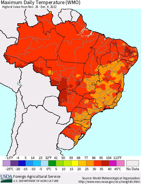 Brazil Maximum Daily Temperature (WMO) Thematic Map For 11/28/2022 - 12/4/2022