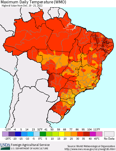 Brazil Maximum Daily Temperature (WMO) Thematic Map For 12/19/2022 - 12/25/2022