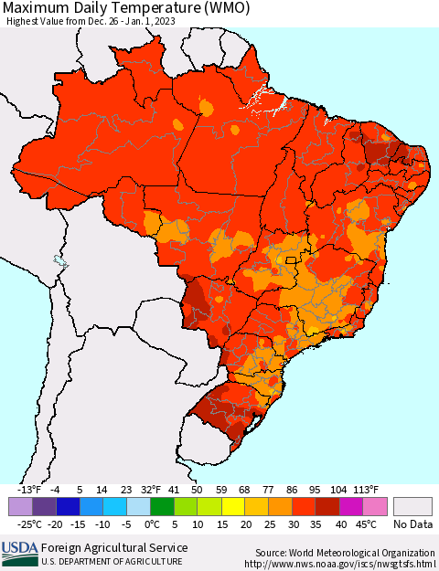 Brazil Maximum Daily Temperature (WMO) Thematic Map For 12/26/2022 - 1/1/2023