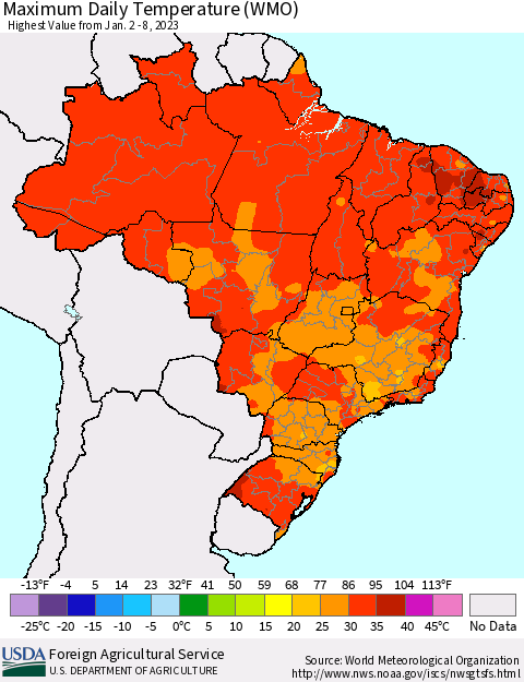 Brazil Maximum Daily Temperature (WMO) Thematic Map For 1/2/2023 - 1/8/2023
