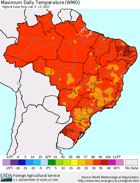 Brazil Maximum Daily Temperature (WMO) Thematic Map For 1/9/2023 - 1/15/2023