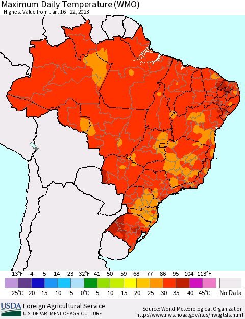 Brazil Maximum Daily Temperature (WMO) Thematic Map For 1/16/2023 - 1/22/2023