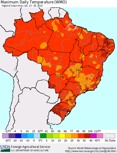 Brazil Maximum Daily Temperature (WMO) Thematic Map For 1/23/2023 - 1/29/2023