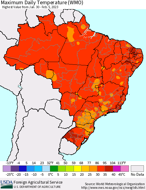 Brazil Maximum Daily Temperature (WMO) Thematic Map For 1/30/2023 - 2/5/2023