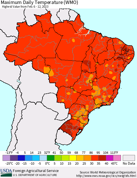 Brazil Maximum Daily Temperature (WMO) Thematic Map For 2/6/2023 - 2/12/2023