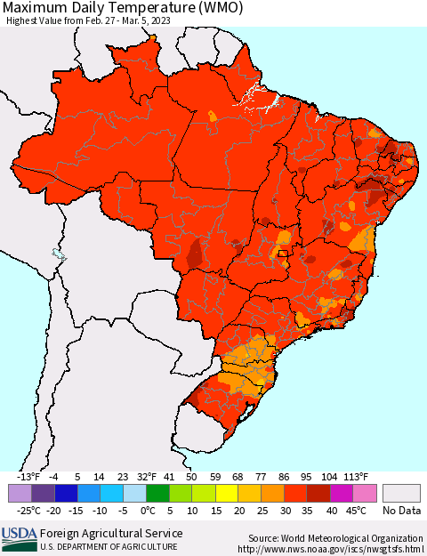 Brazil Maximum Daily Temperature (WMO) Thematic Map For 2/27/2023 - 3/5/2023
