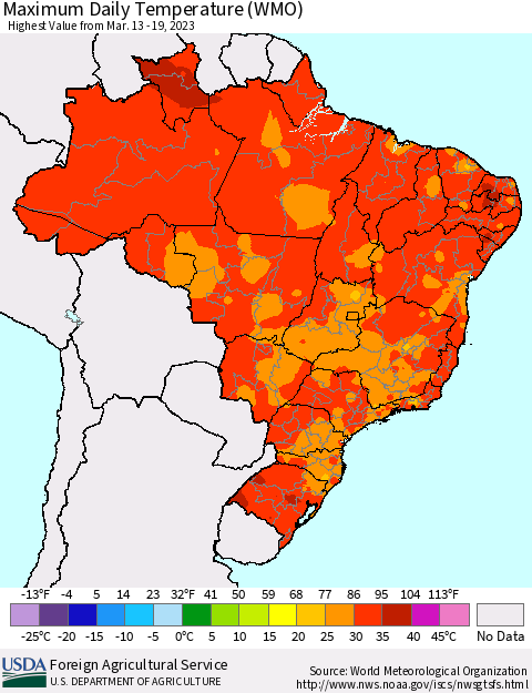 Brazil Maximum Daily Temperature (WMO) Thematic Map For 3/13/2023 - 3/19/2023