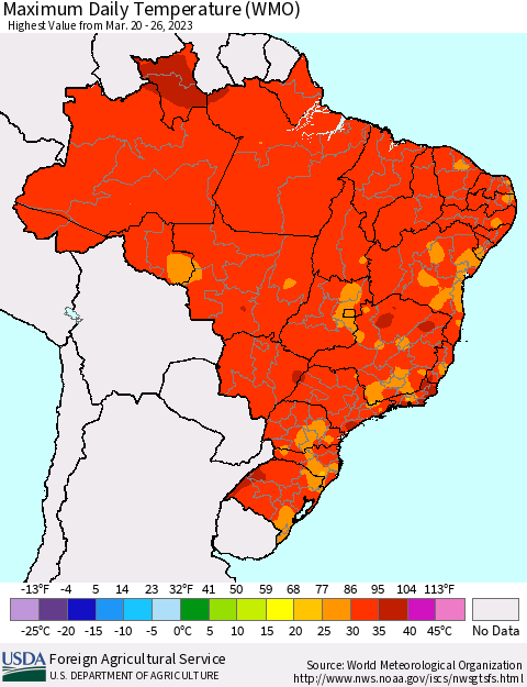 Brazil Maximum Daily Temperature (WMO) Thematic Map For 3/20/2023 - 3/26/2023