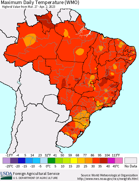 Brazil Maximum Daily Temperature (WMO) Thematic Map For 3/27/2023 - 4/2/2023