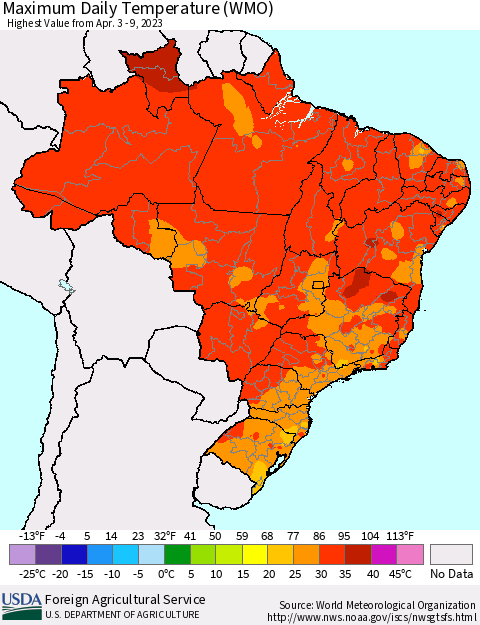 Brazil Maximum Daily Temperature (WMO) Thematic Map For 4/3/2023 - 4/9/2023