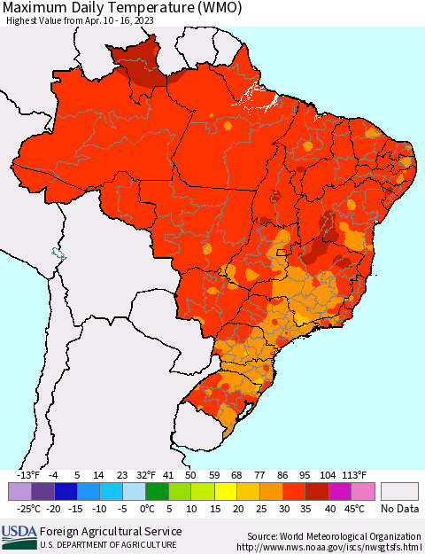 Brazil Maximum Daily Temperature (WMO) Thematic Map For 4/10/2023 - 4/16/2023