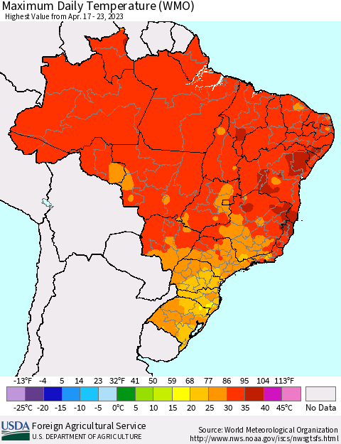 Brazil Maximum Daily Temperature (WMO) Thematic Map For 4/17/2023 - 4/23/2023
