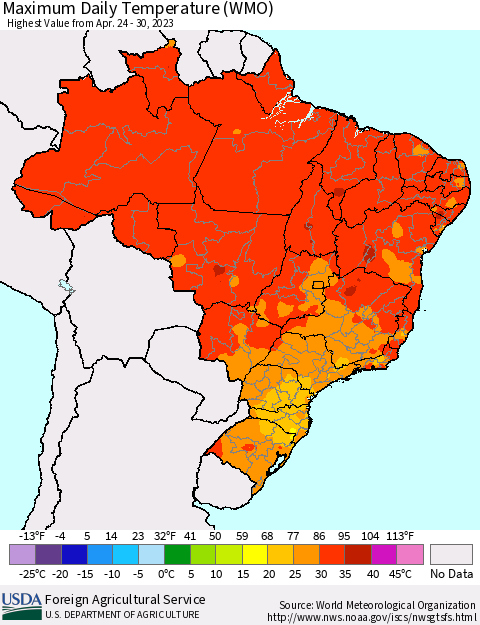 Brazil Maximum Daily Temperature (WMO) Thematic Map For 4/24/2023 - 4/30/2023